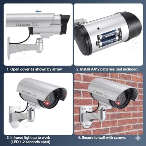 Image of QEEIG Bullet Dome Dummy Fake CCTV Camera with Ideal for Blinking Red LED Light | Waterproof, Wall Mount - Ideal for Home, Office, Storefront Security (Set of 2)