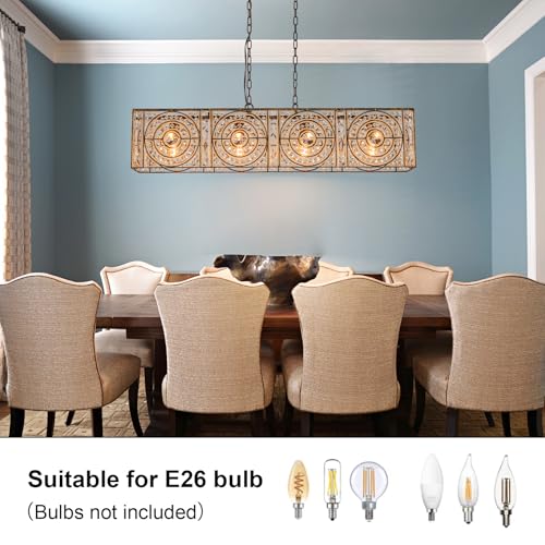 Image of 4-Lights Rectangle Crystal Chandelier for Dining Room, 42.12 inch Vintage Bronze Finish Large Chandeliers for High Ceilings, Flush Mount Pendant Light for Living Room Kitchen Island Bar