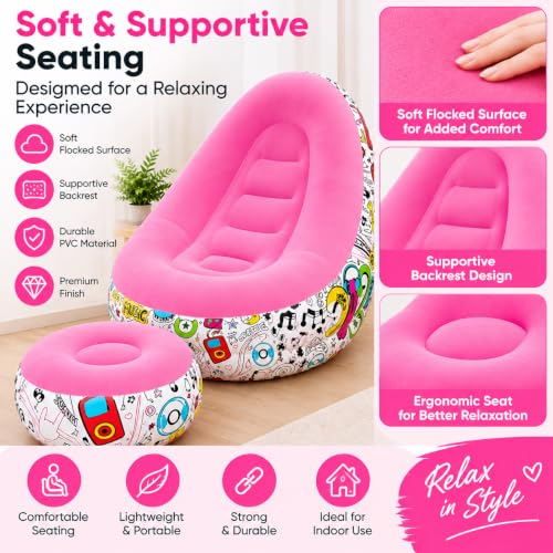 Image of Inflatable Lounge Chair with Matching Ottoman, Single Size, Foldable & Portable Relaxing Chair for Living Room, Bedroom & Home, Pink