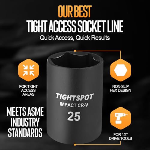 Image of TIGHTSPOT 1 /2 Inch Drive 25mm Shallow Impact Socket with Anti-Rounding 6 Point Design, Heat-Treated CRV Steel