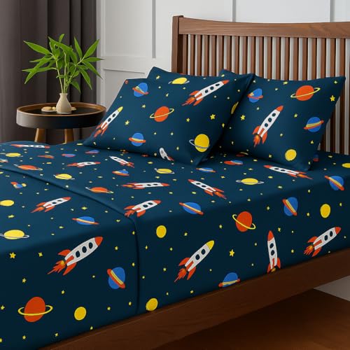 Image of Bedsheet for Single Bed with 2 Pillow Covers Breathable | Outer Space Adventure Single Bed Sheet - Planet Spaceship
