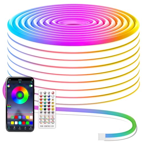 MMEEVT 15m 24V RGB Neon LED Strip - Flexible LED Strip, Remote Control/APP Control, IP67 Waterproof Rope Light with Music Sync for Bedroom, Room and Outdoor Decoration