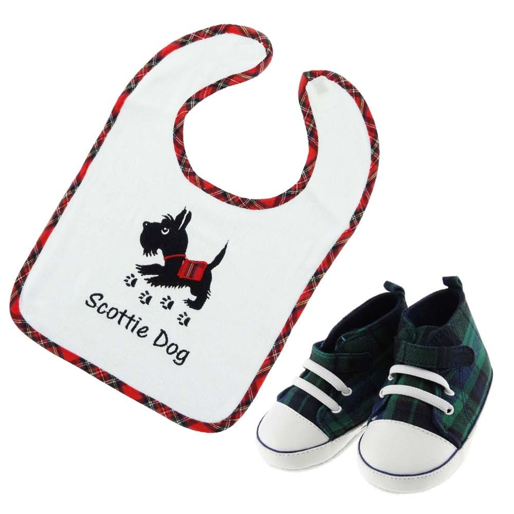 Clans of scotland Baby Bib and Bootees 2 Years - Scottish Dog and Black Watch design - Boys & Girls - Celebration Gift set Newborn, Infants, Toddlers Cotton Soft Shoes and bib set