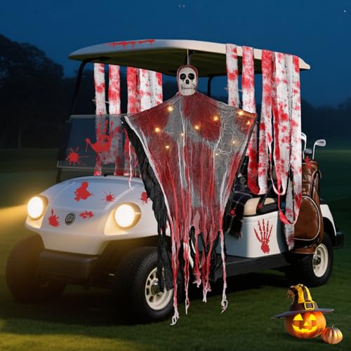 Halloween Golf Cart Decoration Kit Bloody Theme Include Blood Handprint Stickers, Blood-Stained Cloth Strip & Hanging Swing Ghost with Lights for Spool-tacular Rides