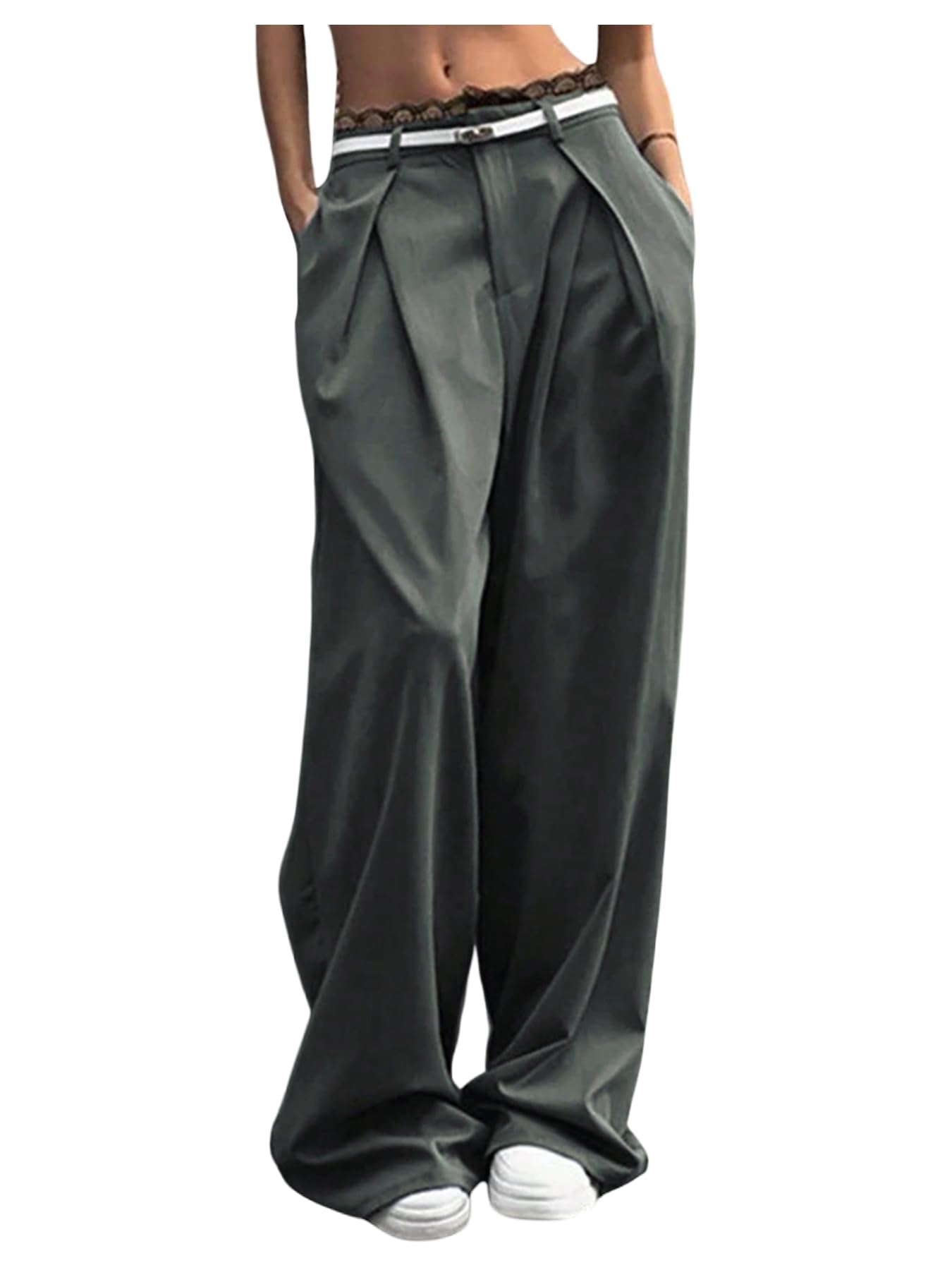 SHENHE Womens Low Rise Dress Pants Wide Leg Lace Trim Fall Dressy Casual Work Pants Trousers