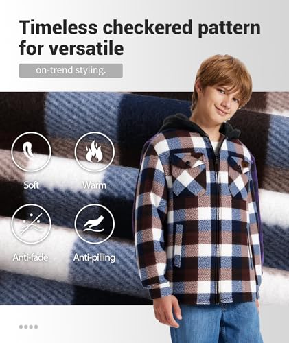 Image of ZITY Boys Flannel Jacket Sherpa Lined Zip Up Hoodie