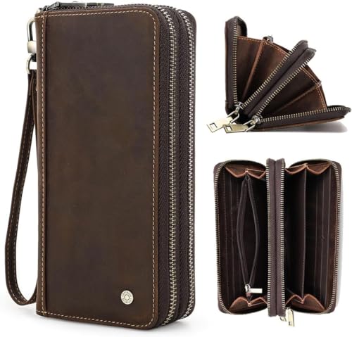 Cartera de piel auténtica para hombre con doble cremallera, formato largo y muñequera