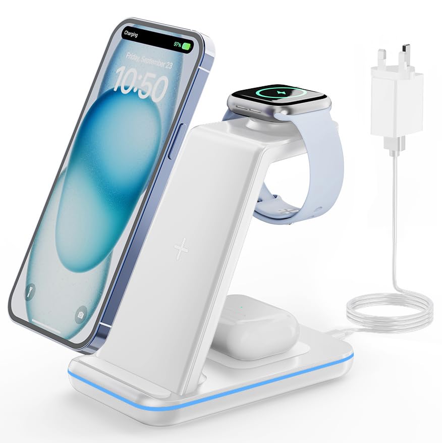 GEEKERA Wireless Charger Stand, 3 in 1 Wireless Charging Station for iPhone Air/17/16/15/14/13/12/11/XS/XR/X/8, Fast Charging Stand for Apple Watch Ultra 3-2, Docking Station for AirPod Pro-2, WhiteGlobal Recycled StandardRecycled Claim Standard BlendedGlobal Recycled StandardGlobal Recycled Standard