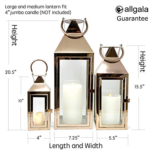 Image of Allgala 3-PC Lantern Set 24 Inch Jumbo Deluxe Modern Indoor /Outdoor Candle Lantern Set Rose Gold Stainless Steel Frame Tempered Glass Pyramid Top for Garden Poolside Fireplace Wedding