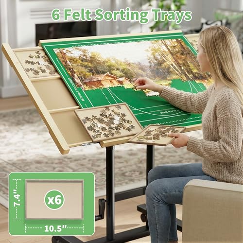 Image of CODACE Puzzle Table with Drawers - Puzzle Tables for Adults with Drawers, Hand-Cranked Height-Adjustable Puzzle Tables with Leg, Tilting Puzzle Board with 6 Tray and Cover, Present for Puzzles Lover