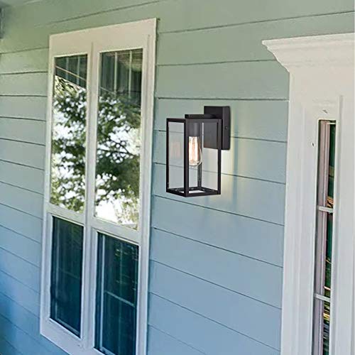Image of MICSIU 2 Pack 11 inch Textured Black Modern Farmhouse Outdoor Light Fixture | Rustic Exterior Wall Sconce with Clear Glass, Outside Porch Lights for House Garage Patio, E26 Base
