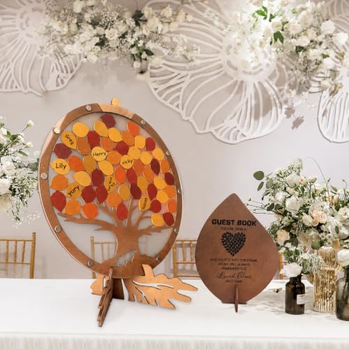 Image of PAMBO Wedding Guest Book Alternative with 55 Fall Leaves - Rustic Wooden Tree of Life Guestbook Frame, 12 inch Handcrafted Autumn Wedding Sign in Decoration & Keepsake for Reception