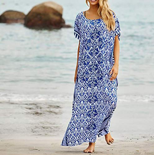 Meiling Women's Print Kaftan Nightgown Long Caftans Beach Maxi Dress Bikini Swimsuit Bathing Suit Cover Up Swimwear (Blue A) #TOP1