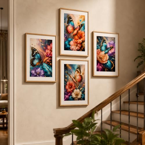 Image of Livin'luxe Set of 4 Butterfly Floral Wall Paintings with Sparkle Laminate and Premium Wooden Synthetic Frame for Living Room Bedroom Office Decor (13.5 x 19.5 Inch)