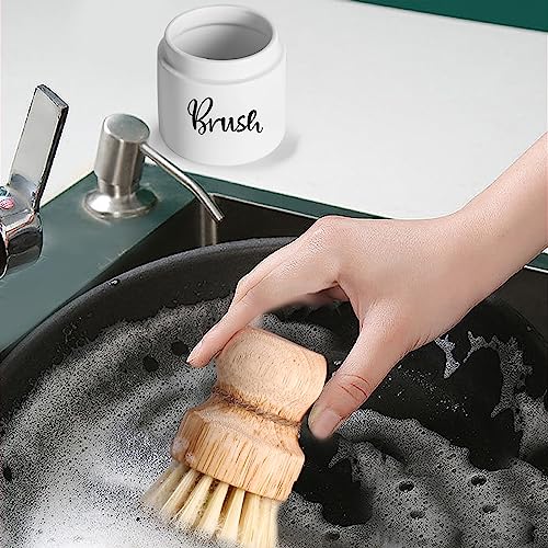 Image of Ceramic Dish Brush Holder, Farmhouse Kitchen Scrub Brush Holder Dishwashing Brush Stand, Soap Dispensing Palm Kitchen Brushes Holder, Easy to Clean (White)