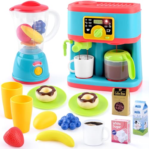 PLAY Accessoire Cuisine Enfant, Set de Ustensile Cuisine Enfant avec Cafetière, Mixer, Jouets Alimentaires, Eclairage et Son Réalistes, Kit Cuisine pour...
