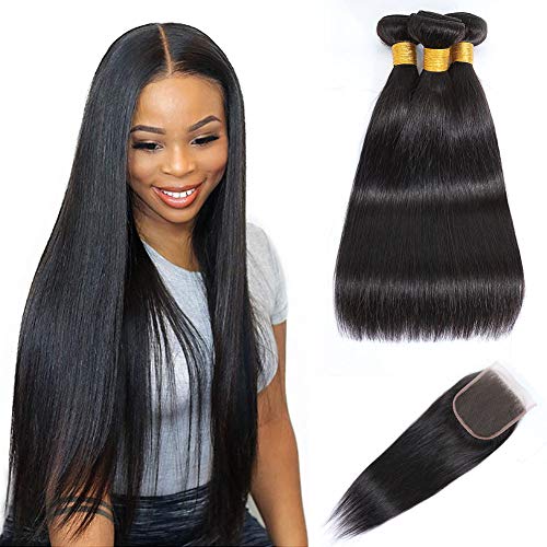 10A Brazilian Straight Hair Bundles with Closure (14 16 18 with 12), Unprocessed Virgin Human Hair 3 Bundles with Closure Free Part
