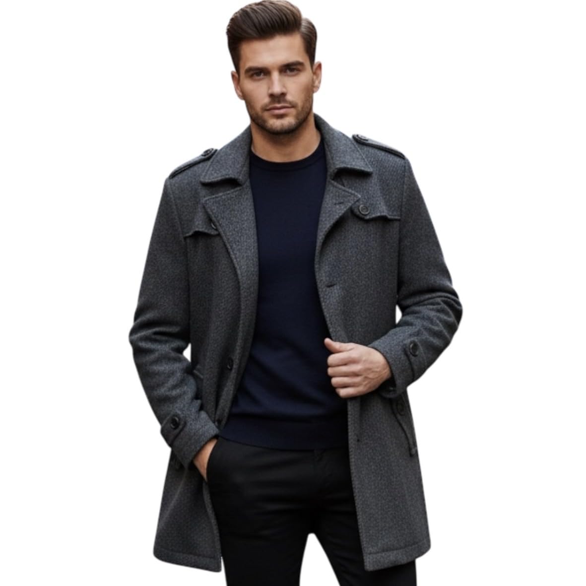 Men Black Double Breasted Trench Coat Single Piece Long Winter Overcoat For Formal Wear Unisex Jacket
