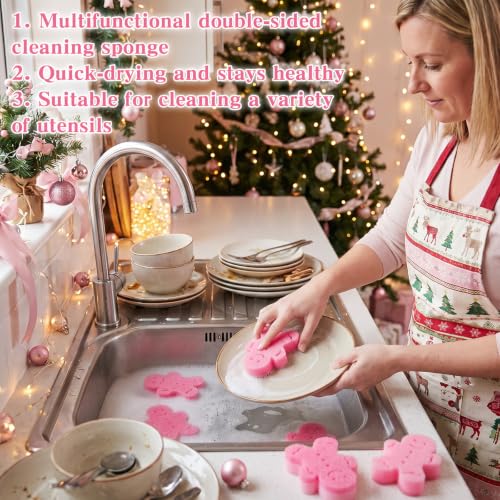 Image of Tioncy 12 Pack Kitchen Sponges Bulk Dual Sided Scrubber Sponges Dishwashing Kitchen Cleaning Accessories for Household Supplies(Gingerbread Man, Pink)