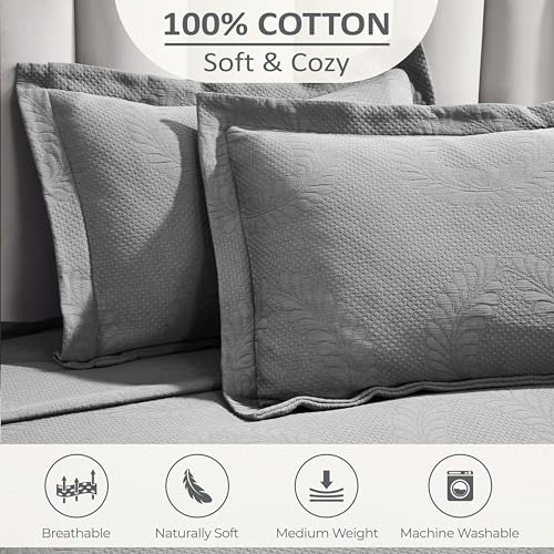 Superior 3 Piece Cotton Bedspread Set, Home Bed Decor, Decorative Bed Spread, 2 Pillow Shams, Medium Weight Blanket Bedspread, Matelasse Coverlet, Bedding Essentials, Peploi Collection, Full, Grey