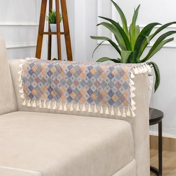 Image of STITCHNEST Printed Quilted Sofa Arm Cover with Tassels | Stylish Hand Rest Protector | Soft & Durable | 18 x 22 Inches
