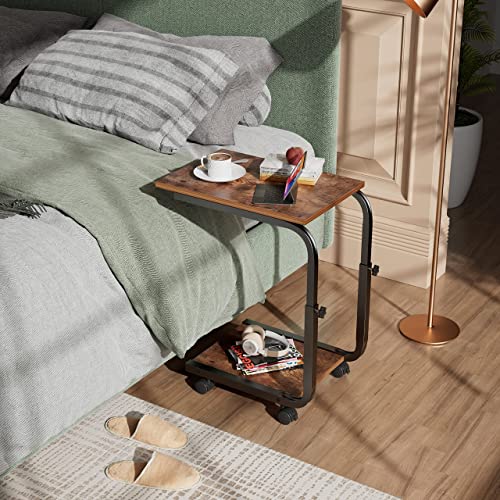 SIMPDIY Side Table Height Adjustable End/Bedside Table with 4 Wheels for Sofa Bedroom Living Room Office, Coffee Table for Small Spaces, Stable, Heavy Duty Iron, Rustic Brown - Image 3