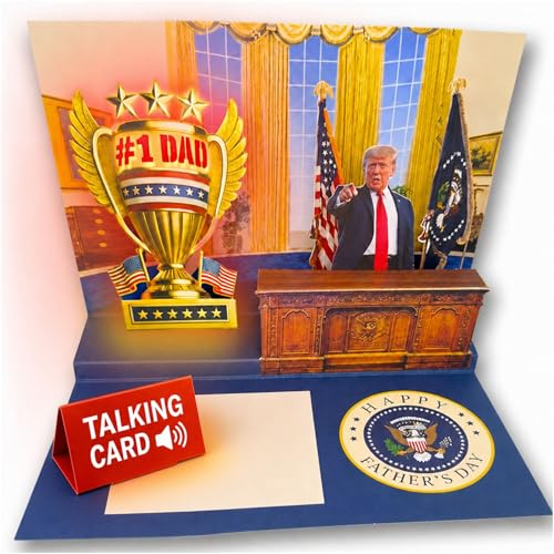 Talking Donald Trump Pop Up Fathers Day Card with Light & Sound - Plays Trumps Real Voice Funny 3D Pop Up Greeting Card Presidential Scene Funny Trump Fathers Day Surprise for Dad (Office)