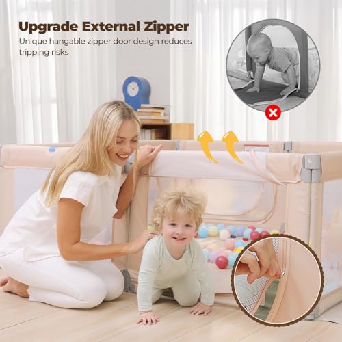 Image of Kidirect Foldable Baby Playpen, 71 inchx69 inch Extra Large Playpen for Babies and Toddlers, Portable Play Yard with 5 Handles, Indoor Outdoor Safety Baby Fence with Visible Mesh,Khaki