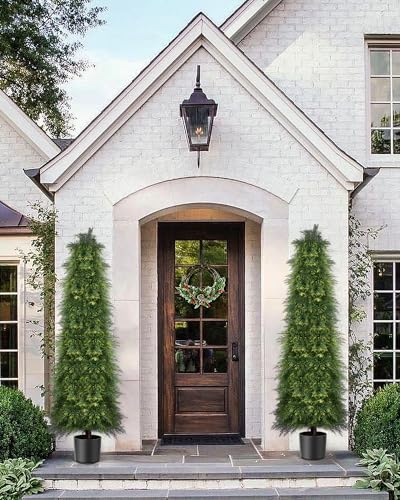Image of 2 Pack 6ft Artificial Cedar Topiary Trees, Outdoor Artificial Plants for Front Porch Decor, Artificial Shrubs Fake Plants Uv Rated Potted Plants for Outdoor, Indoor, Front Door, Office.