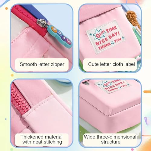 Image of Canvas School Bag Pencil Case, 3 Layer 6 Compartment Large Capacity, Aesthetic Pencil Pouch for Stationary, Cute Stationery for Kids, Pencil Case for Girls & Boys (Pink Little Tree)