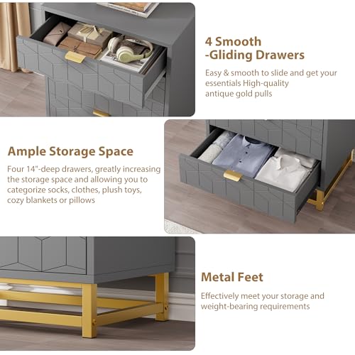 Grey Dresser, 4 Drawer Dresser for Bedroom, Modern Dressers with Gold Metal Handles for Living Room, Hallway, Entryway