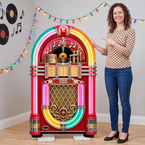 Image of Qunclay 4.5ft Box Cardboard Cutout 1950s Party Decoration Life Size Retro Rock and Roll Photo Booth Prop Stand up 3D Display Backdrop Retro Music Decor for 50s Sock Hop Birthday Party