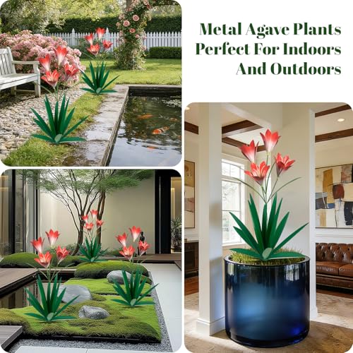 Image of TOMBABY 32.28 Inch Metal Agave Plant Outdoor Decoration Lily Mexican Yard Art Garden Gift Home Decor Hand Painted Metal Agave Garden Yard Statue (1pc, Green)