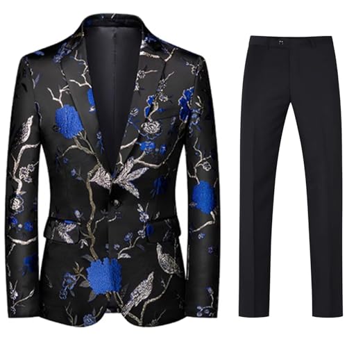 Men's Jacquard Suit One Button Flora Jacket and Solid Pants for Dinner Activity Performance
