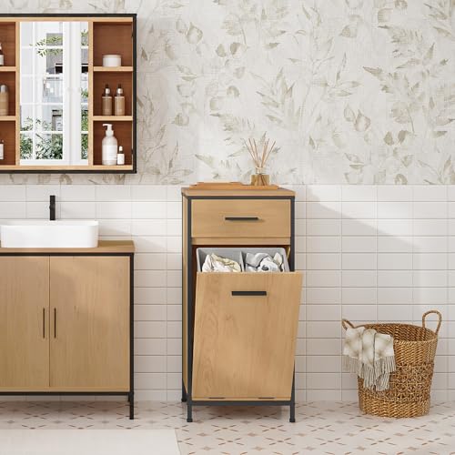 EUGAD Badezimmerschrank mit faltbarem Wäschesack, Wäscheschrank Wäschesammler Wäschekorb mit Schublade, Badschrank Badmöbel mit Metallrahmen, helle Eiche + Schwarz, 38x80x34 cm