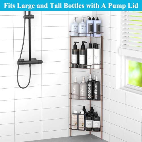 Image of HuggieGems 4 Tier Floor Standing Corner Shower Caddy Organizer Shelf with Hooks, Bathroom Shelves Stand Rack, Coffee