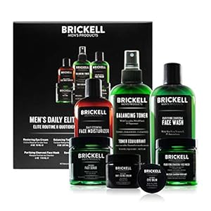 Brickell Men’s Daily Elite Face Care Routine II, Toner, Charcoal Facial Wash, Face Scrub, Anti-Aging Night Cream, Eye Cream, Charcoal Mask and Moisturizer, Natural and Organic, Scented