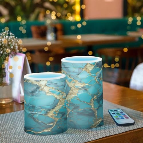 Image of Flickering Flameless Candles, Turquoise Golden Marble LED Candles with Remote Timer, Set of 2 Battery Operated Candle for Valentine Wedding Birthday