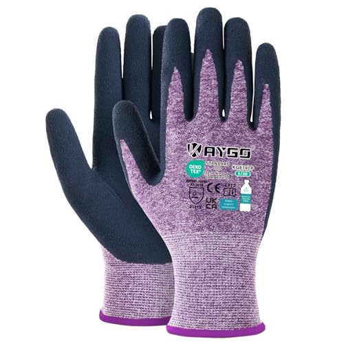 KAYGO Guantes de trabajo recubiertos de látex para mujeres transpirables, 3 pares de guantes hortícolas de poliéster reciclado, KGE19L (Morado, XS, talla 6)