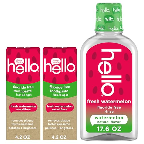 Hello Fresh Watermelon Fluoride Free Kids Toothpastes and Fluoride Free Kids Mouthwash Bundle Pack Freshens Breath and Tastes Awesome SLS Free Formulas No Spicy Mint Natural Watermelon Flavor