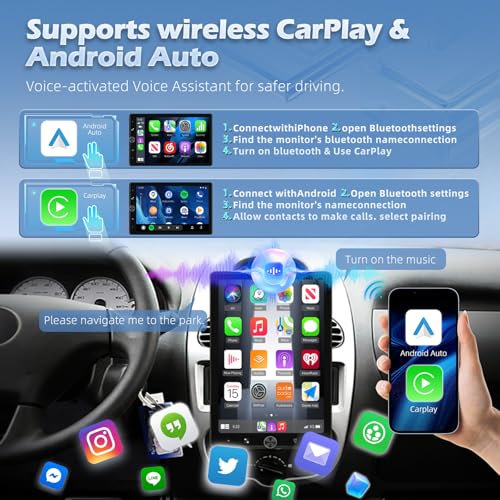 Image of Vertical Single Din Car Stereo, 10.4 Inch Rotatable Touch Screen Radio with Wireless Carplay & Android Auto, Support Backup Cam /GPS /Bluetooth /FM /RDS /Mirror Link /SWC /EQ