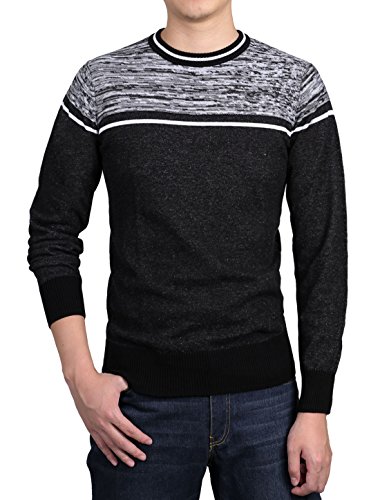 uxcell Men's Knitted Crew Neck Stripes Ribbed Trims Pullover Black White M US 40