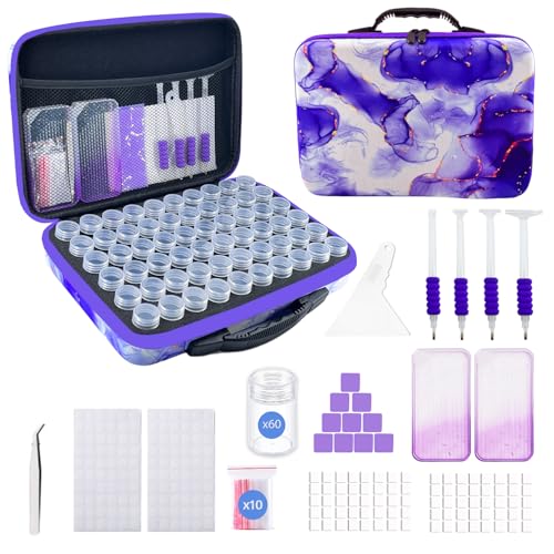 Image of 60 Slot Diamond Art Storage Box | Purple Bead Organizer Case with Drill Tools, Portable Craft Box, For 5D DIY Art Kits