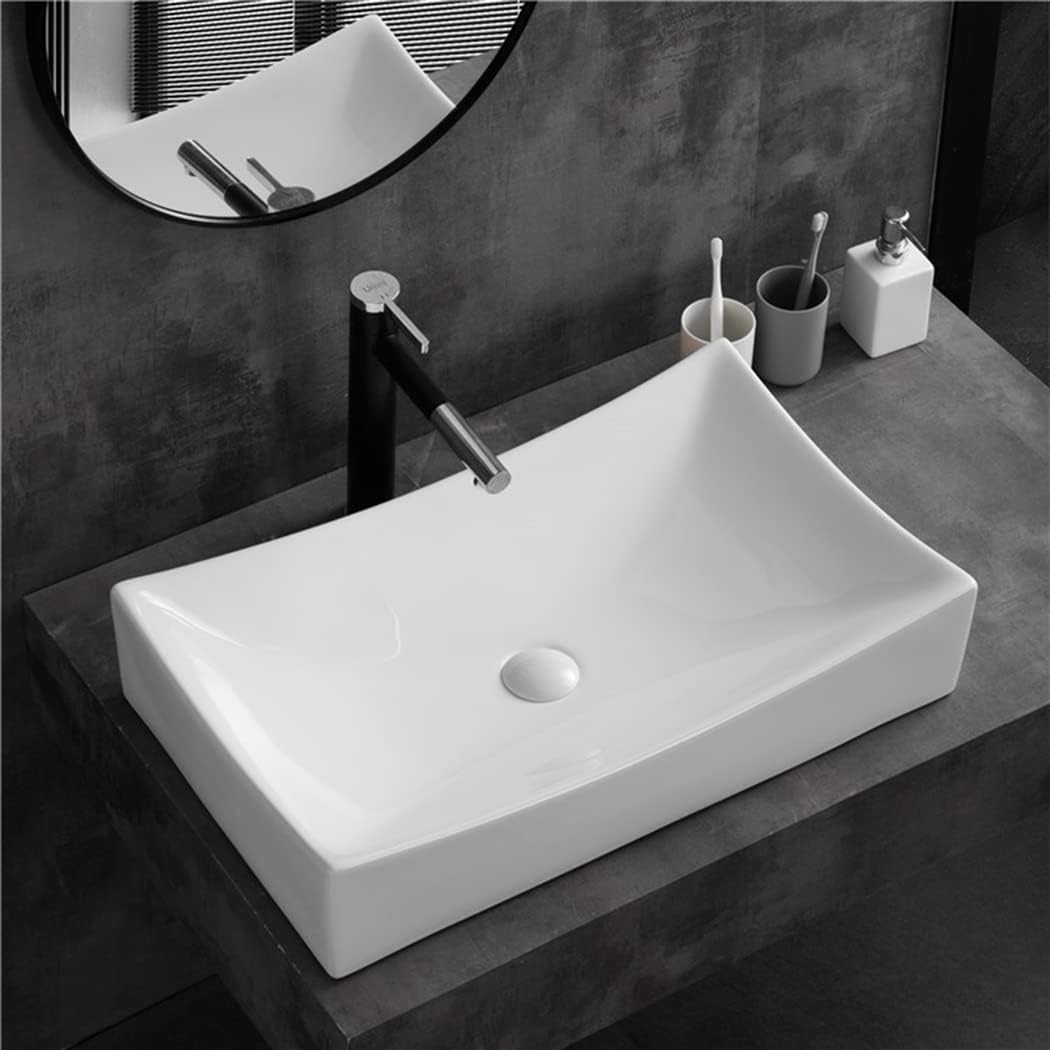 SouNor Rectangle Bathroom Vessel Sink Above Counter Square Bowl Countertop 25"x15" Inches Modern Contemporary Porcelain Big Large Ceramic Wash Lavatory Basin Rectangular Sinks White,25" (Large)