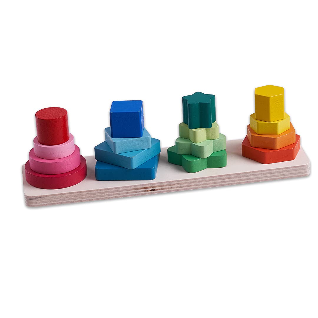 Baybee Wooden Shapes & Colour Puzzle Educational Board for Kids with 16 Shapes & 4 Panel Stem with Different Ring Shapes, Children Boys & Girls