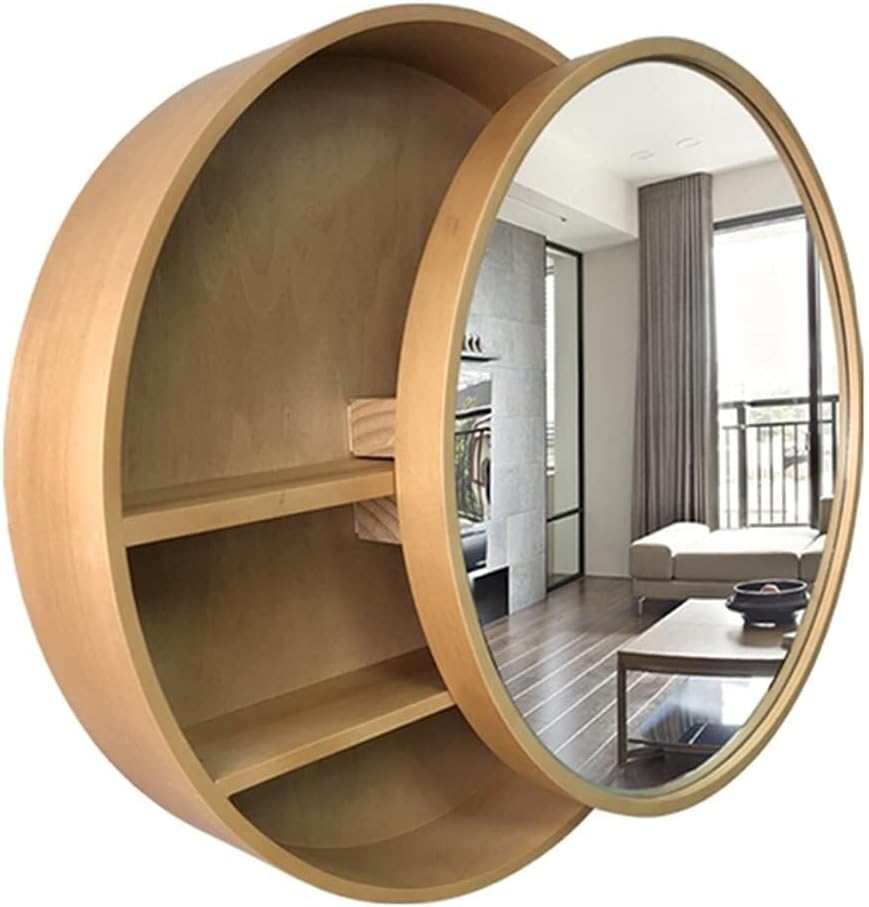 Bathroom Mirror Cabinet with Push-Pull Sliding Door, Solid Wood Round Wall-Mounted Vanity Mirror with Storage(Gold,50cm|19.7inches)