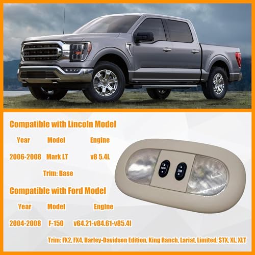 Image of 7L3Z-18519A70-BA Overhead Console with LED Dome Map Light & Sunroof Switch COMPATIBLE WITH Ford F150 2004-2008 For Lincoln Mark LT 2006-2008 Cab Interior Ceiling Roof Reading Lamp, Beige