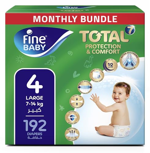 Fine Baby Total 7 Diapers Size 4 Large (714 kg) 192 Count. Superior Protection & Comfort Extra Absorbent Improved Formula
