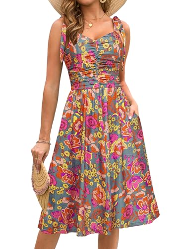 Image of Kranda Women 2026 Summer Casual Spaghetti Strap Sundress V Neck Sleeveless Flowy Boho Floral Midi Dress with Pockets