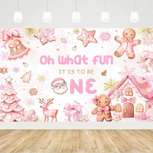 MEHOFOND Christmas Gingerbread 1st Birthday Backdrop Banner, Oh What Fun It is to Be One Birthday Party Supplies, Pink Gingerbread House Santa Snowflake Cookies First Bday Party Decor 70.8x43.3Inch